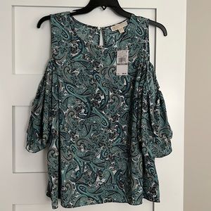 Michael Kors Paisley Crew Neck Short Double Flounce Sleeve Cold Shoulder Top